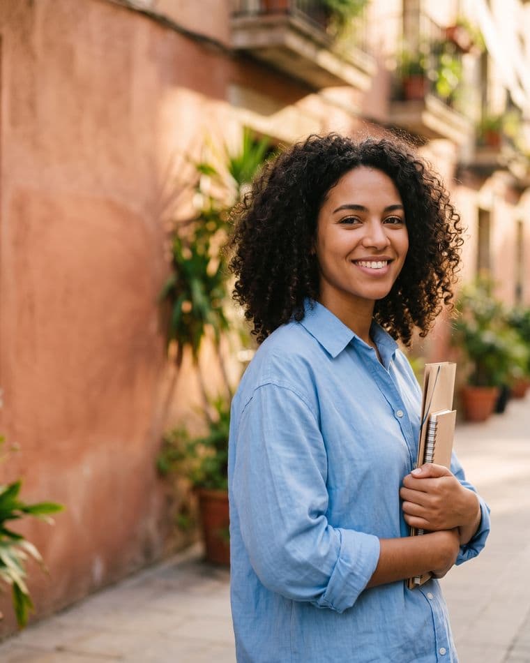 Una joven sonríe con sus carpetas en la mano, lista para su próxima entrevista