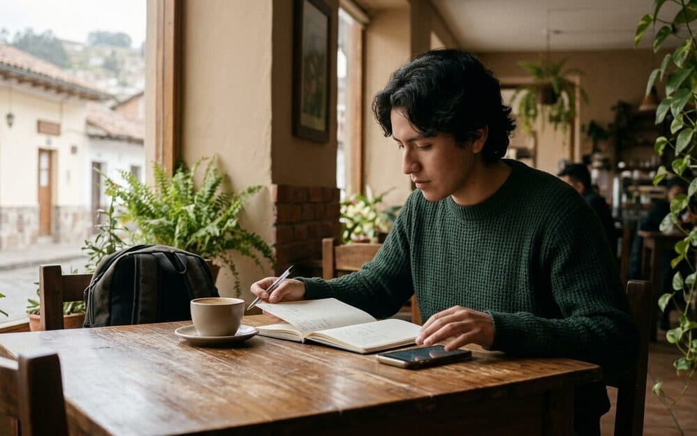 Un joven revisa en su libreta y en su teléfono las cuentas de su primer sueldo, en una cafetería